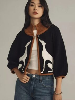 Black & Brown Dog-Intarsia Knit Cardigan Sweater